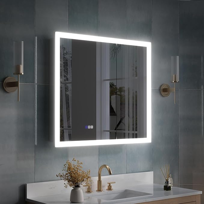 WELLFOR 36 x 32 Inch LED Medicine Cabinet with Lights, 3X Magnification Makeup Mirror, Bathroom Vanity Mirror Cabinet with Storage, Anti Fog, Surface or Recess Mount, Double Opening Door