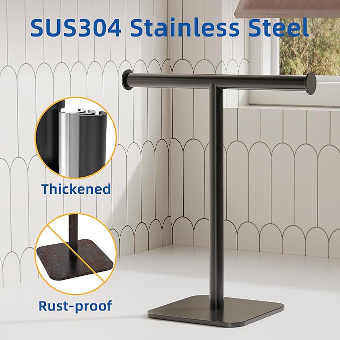 RUACQ T-Shape Hand Towel Holder Stand, Weighted Base Towel Rack, 12" Countertop Towel Holder for Bathroom, 304 Stainless Steel, Heavy Duty (Matte Black, 2 Pack)