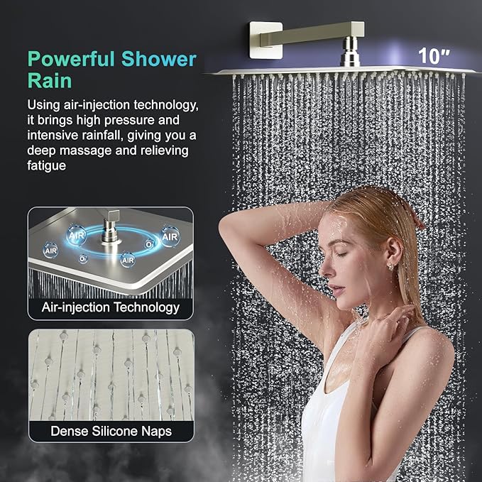 SR SUN RISE Shower System with 10" Rain Showerhead, Square Handheld Showerwith 16-Inch Slide Bar and 71-Inch Hose, Wall Mounted Shower Faucet Set Included Valve and Trim Kit, Brushed Nickel