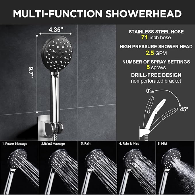 Veken 11.8" Rain Shower Head with Handheld, High Pressure Handheld Shower with Multi Spray Modes, Rainfall Combo with 15" Metal Extension Arm, Detachable Dual Shower, Bathroom Decor, Chrome Silver
