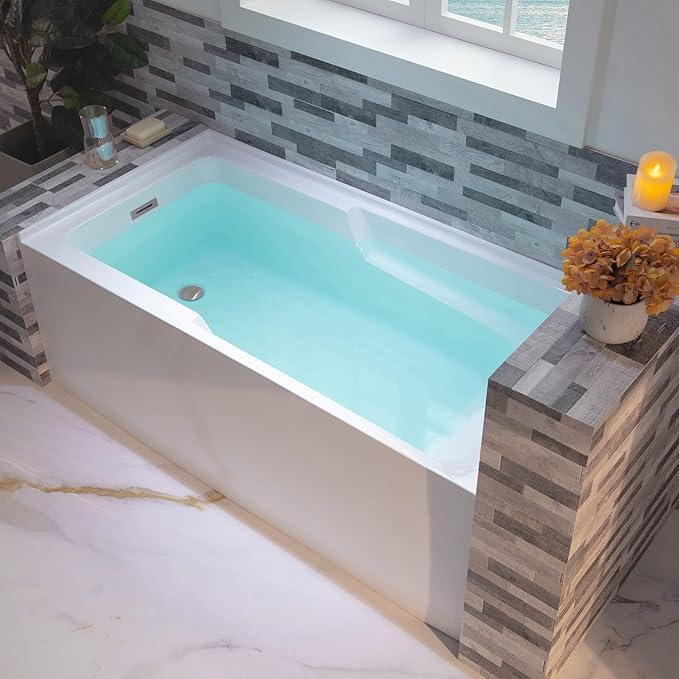 WOODBRIDGE 54" Acrylic Rectangular Alcove Soaking Bathtub in White with Left Drain, Chrome pop-UP Drain Included BA5430L