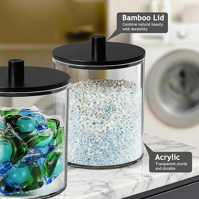 SheeChung 1 Pack 50 Oz Large Apothecary Jar with Bamboo Lid, Laundry Pods Container, Storage Jars for Bathroom Organization, Plastic Canisters with Cute Stickers Spoons(Black)