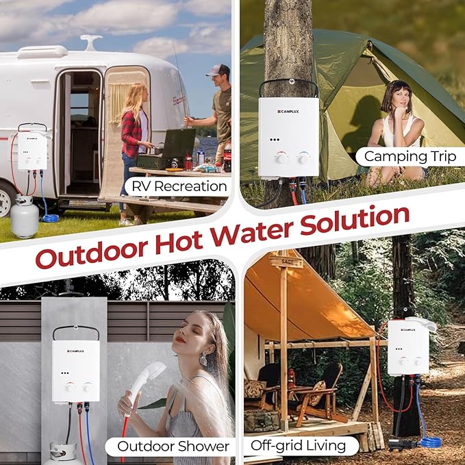 CAMPLUX Propane Tankless Water Heater Outdoor, 1.32 GPM Camping Portable Water Heater with Pump Pack Kits, 5L, AY132P43, White
