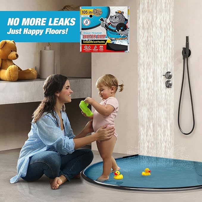 Shower Threshold Water Dam Barrier 105" - Black Collapsible Shower Water Blocker - Guard for Walk in Shower - Water Guard Stopper for Floor - Shower Door Water Blocker by Hippo Dam