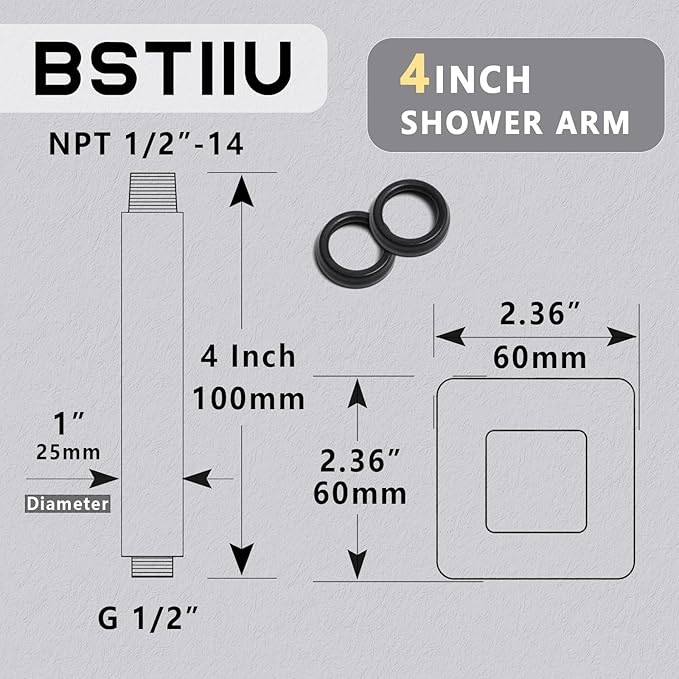4 Inch Shower Arm with Flange, BSTIIU Ceiling Mounted Square Shower Head Extension Arm, 1/2 NPT Straight Arm for Rain Shower Head, Shower Head Extension Replacement Pipe Arm, Brushed Nickel