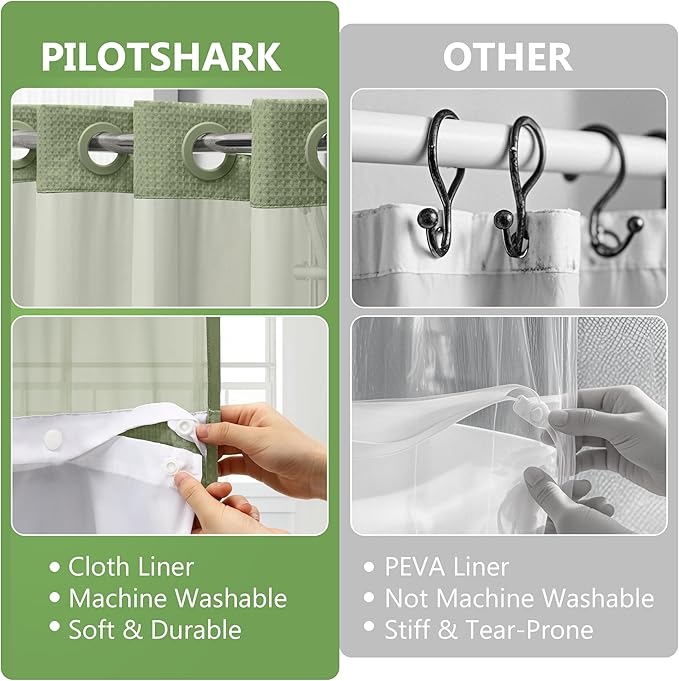 No Hook Waffle Weave Shower Curtain Set with Snap-in Fabric Liner and Mesh Top Window,256GSM Heavy Duty Fabric,Green Washable Luxury Shower Curtain for Bathroom Stalls (72x75 Inch)