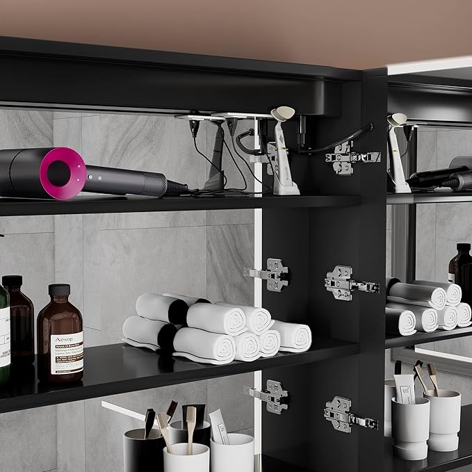 Black Medicine Cabinets for Bathroom with Mirror, 24”W x 30”H Surface Wall Mounted LED Medicine Cabinet with Lights, Defogger, Dimmer, Outlets & USB, Left Hinge