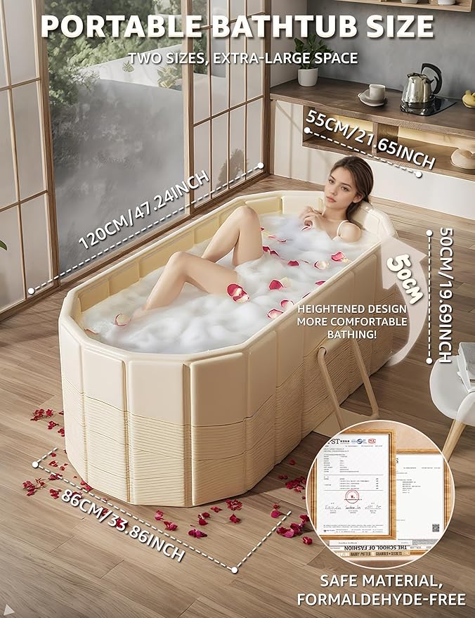 Portable Bathtub Ice Bath Tub - Foldable Collapsible Bathtub for Adult Shower Bathroom Hot SPA Soaking Cold Plunge Tub Freestanding Bathtub 47"Lx22"Wx20"H White