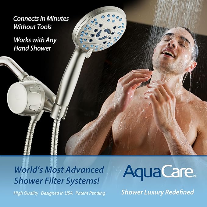 AquaCare Skin & Hair - World's Only Handheld Shower Head Filter with Built-in Hand Shower Bracket, ON/OFF Filtration Modes, Instant Cartridge Reload & Stay-Clean American KDF Cartridge, Satin Nickel