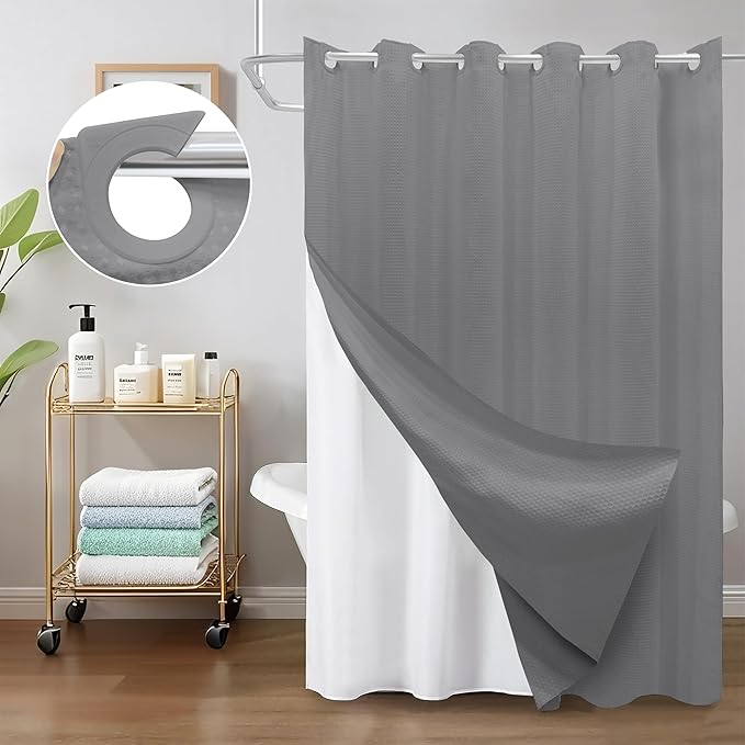 Inhousolu No Hook Waffle Weave Shower Curtain with Removable Snap in Fabric Liner Set for Bathroom, 230 GSM Heavy Duty Weighted Hem, Water Repellent Washable Bath Curtains, 72 x 78 Inch, Grey