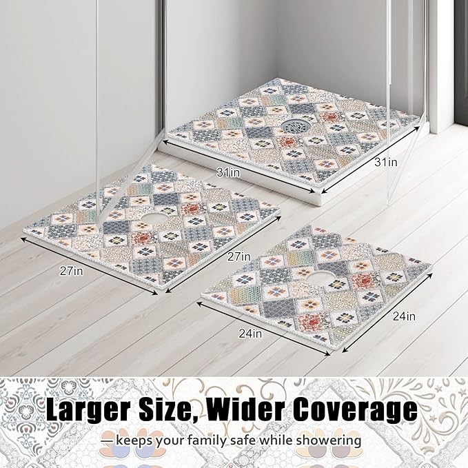 Square Shower Mat Non Slip: 24x24 Inch Shower Floor Mat with Drain Hole in Middle, Super Soft and Comfortable PVC Loofah Massage Bath Mat for Shower, Anti Slip Shower Stall Mat, Quick Drying