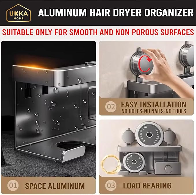 Suction Cup ALUMINUM Hair Dryer Storage Organizer with Shelf & Hooks for Bathroom. Reusable, Rustproof, No Drill, No Tools. Multifunctional, Hang Towel, Loofah, Sponge (2 Cups, Gray)