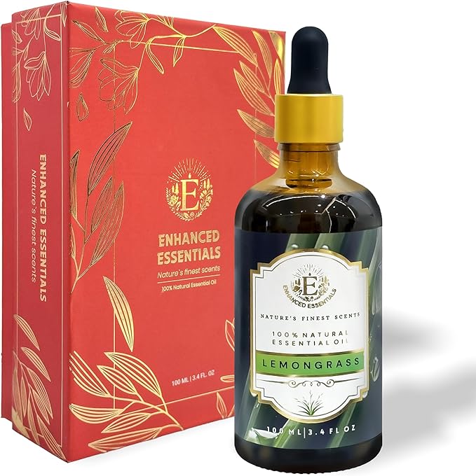 Luxurious LEMONGRASS Essential Oil by Enhanced Essentials|Slow Distilled, Highly Concentrated & Pure oils for Diffusers,Aromatherapy,Gifting,Soap & Candle making|Ideal for Business|3.38 fl oz (100 ml)