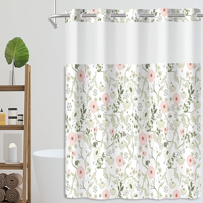 No Hook Shower Curtain Set with Snap in Fabric Liner for Bathroom,with See Through Top Window,Double Shower Curtain with Detachable Liner Replacement,Machine Washable,Green Floral,71"x 74"