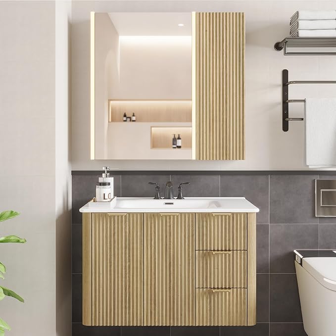 Lighted Bathroom Medicine Cabinet with Mirror，30 x 28 Inch Wall-Mounted Bathroom Wall Cabinet with Storage, LED Lights, Adjustable Shelves,Natural