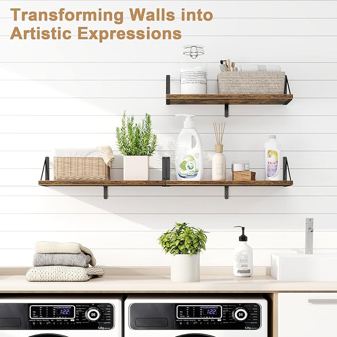 Fun Memories Floating Bookshelves, Set of 3 Wall-Mounted Wood Shelves 24" W x 8" D, Decorative Wall Shelf for Living Room, Bedroom, Bathroom, and Laundry Room (Rustic Brown)