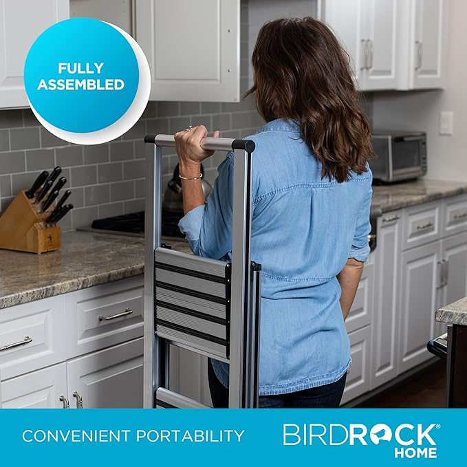 BIRDROCK HOME 3 Step Ladder | Folding Anti-Slip Step Stool, 250 lb Capacity | Lightweight, Slim & Sturdy Design for Household, Kitchen, Garage, Indoor & Outdoor Use | Collapsible, Portable, Heavy-Duty