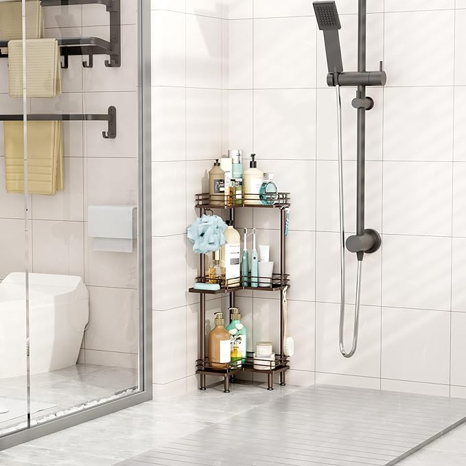 HapiRm Corner Shower Caddy Standing - 3 Tier Shower Organizer Corner with Soap Holder, Rustproof Bathroom Standing Organizer with 4 Hooks, Bronze