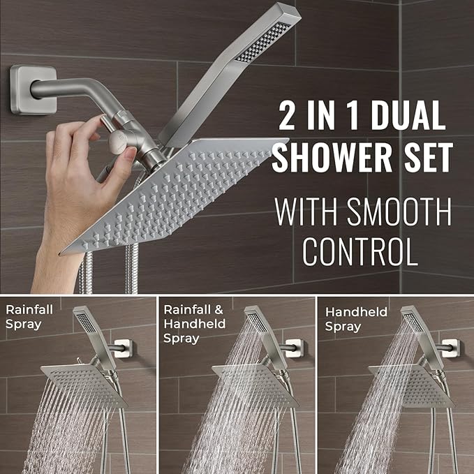 All Metal Shower Faucet Set, Dual Square Shower Head System with Handheld Wand, Diverter, Hose Complete Combo, Pressure Balance Rough-in Valve and Tub Spout Included (Brushed Nickel)