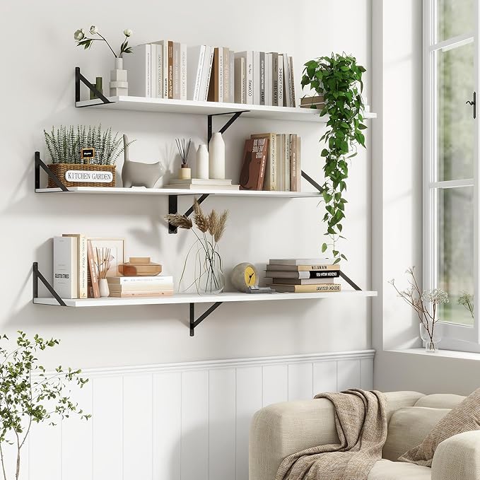 12 Inch Deep Floating Shelves, White Floating Shelves 48W x 12D, Deep Wall Shelves Bracket Set of 2, Large Display Hanging Floating Shelf for Bathroom, Living Room, Wide Storage Wooden Wall Shelf