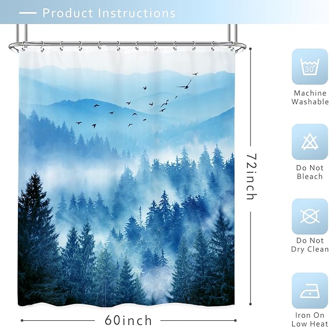 Riyidecor Mountain Shower Curtain 60Wx72H Inch Blue Foggy Nature Scenery Smokey Pine Tree Landscape Natural Woodland Mens Bathroom Decor Fabric Polyester Waterproof 12 Pack Hooks