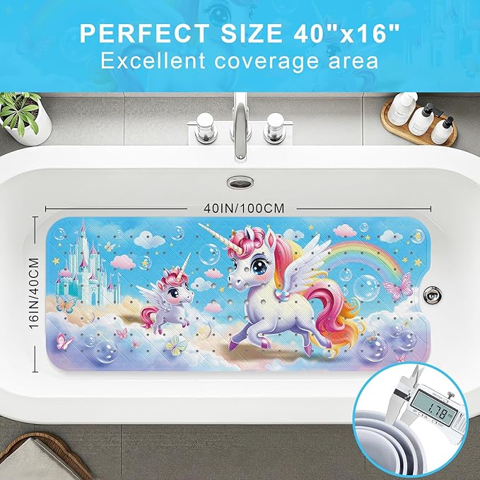 Upgrade Cartoon Baby Bath Mat Non Slip - 40"x16" Extra Long Bathtub Mat for Baby Eco Friendly Durable Bath Mat for Tub Non Slip Kids Tub Mat with Suction Cups, Machine Washable and No Fading, Unicorn