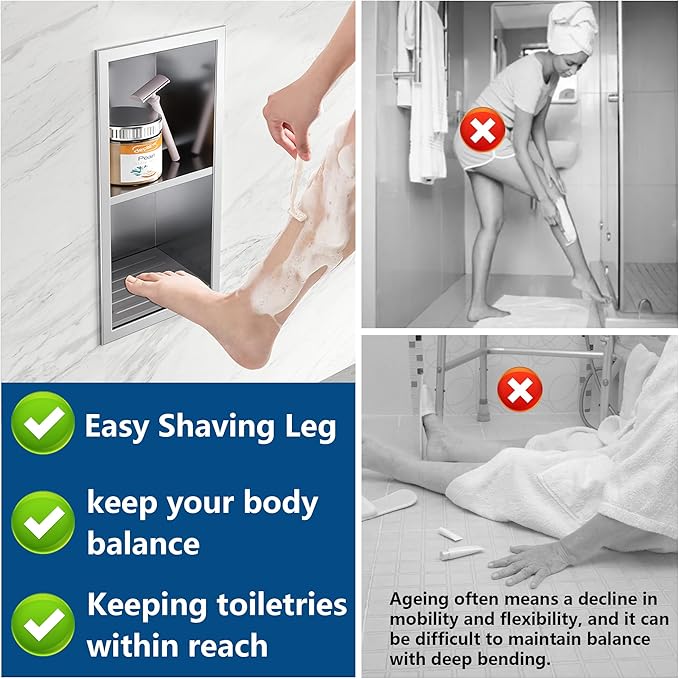 Shower Foot Rest for Shaving Legs, 304 Stainless Steel Footrest Niche With Holder, Recessed Shower Niche, Brushed Nickel, 5.9" X 12.3"