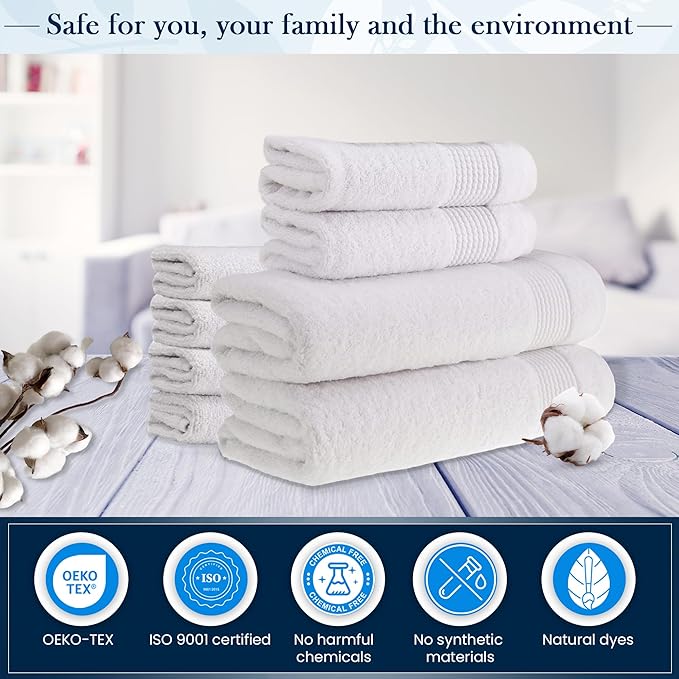 HALLEY Turkish Cotton Towels (Set of 8) 2 Bath Towels 2 Hand Towels 4 Washcloths, Super Soft Highly Absorbent 100% Cotton Towels for Bathroom and Kitchen for Mother’s Day (White)