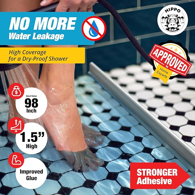 Shower Threshold Water Dam Barrier 98" - White Collapsible Shower Water Blocker - Shower Guard for Walk in Shower - Water Guard Stopper for Floor - Shower Dam - 1.5" Tall - By Hippo Dam