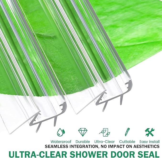 Shower Door Bottom Seal with Sweep 2Pack, 39"(990mm) Length PVC Clear Strips for 3/8"(10mm) Thick Frameless Glass Door, to Stop Water Leaking