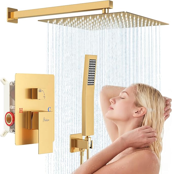 12 Inch Luxury Rain Shower Faucet Set, Brushed Gold Shower System with Rainfall Shower Head and Handheld Spray, SUS304 Stainless Steel and Solid Brass Wall Mounted Shower Valve Trim Kit
