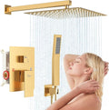 16 Inch Luxury Rain Shower Faucet Set, Brushed Gold Shower System with Rainfall Shower Head and Handheld Spray, SUS304 Stainless Steel and Solid Brass Wall Mounted Shower Valve Trim Kit