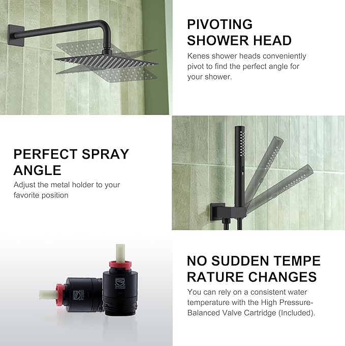 KENES Matte Black Rainfall Bathroom Shower System Rain Shower Head and Handle Set, Shower Faucet Set with 10-Inch Rain Showerhead and Handheld Spray, (Shower Valve Included), LJ-6026A-2