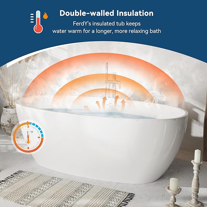 FerdY Tahiti 67" Freestanding Bathtub Elegant Oval Shape, Glossy White Double Walled Insulation bathtub with Center Polished Chrome Drain, UPC Certified -02119