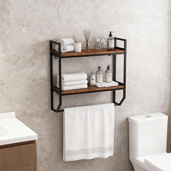 POWERSTONE 2-Tier Bathroom Towel Rack Industrial Wall Mounted Shelf with Towel Bar, Over The Toilet Storage Shelf with Metal Frame for Bathroom Kitchen Laundry Room Rustic Brown