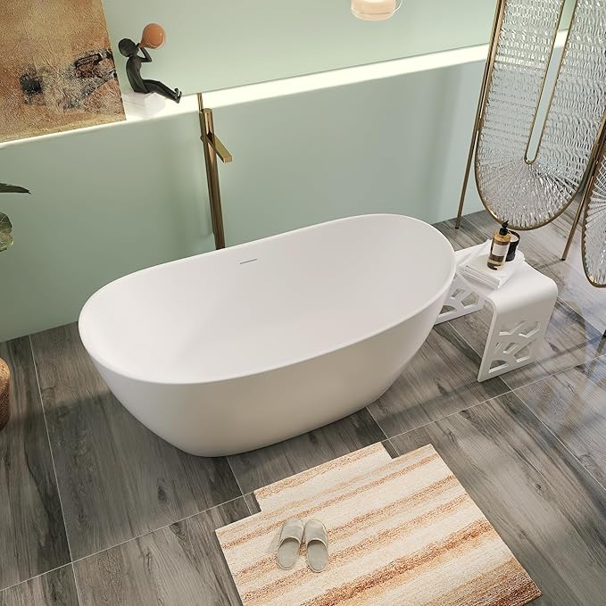 55" Premium Solid Surface Freestanding Bathtubs, Contemporary Design Stand Alone Stone Resin Tub with Overflow and Pop-up Drain, Matte White