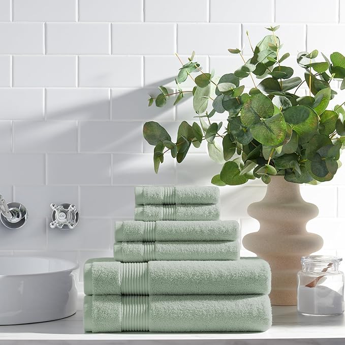 Arkwright Bath Towels Set of 6 - Super Soft 100% Cotton, 600 GSM Quick Dry & Absorbent, Luxury Bathroom Essentials with 2 Shower Towels, 2 Hand Towels and 2 Washcloths, Eucalyptus Green