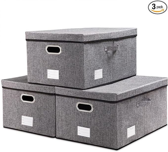 PRANDOM Storage Bins with Lids [3-Pack] Linen Fabric Foldable Storage Boxes Organizer Containers Baskets Cube with Cover Grey(23.4X15.9X11.4)