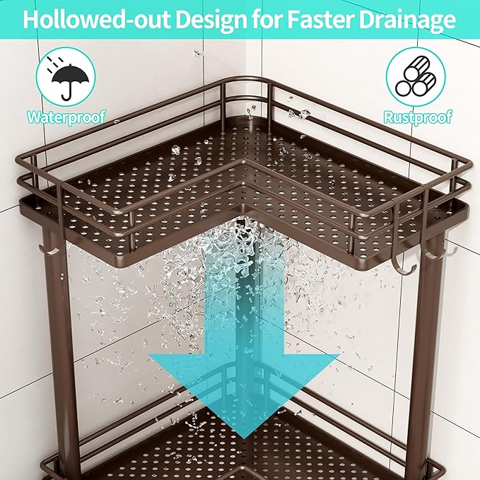 HapiRm Corner Shower Caddy Organizer - 4 Tier Shower Shelf Corner with Soap Holder, Rustproof Bathroom Standing Organizer with 4 Hooks, Bronze