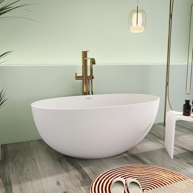 55" Premium Solid Surface Freestanding Bathtub, Upgraded Oval Stone Resin Tub with Overflow and Pop-up Drain, Matte White