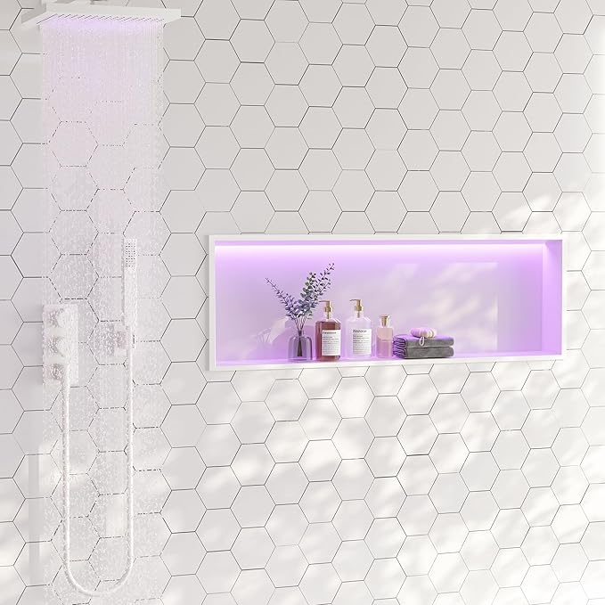 RGB LED Light Shower Niche, White 36X12 in Stainless Steel Built-in Storage with Remote Control, Waterproof No Tile Needed Wall Niche for Bathroom Storage Built-in Installation