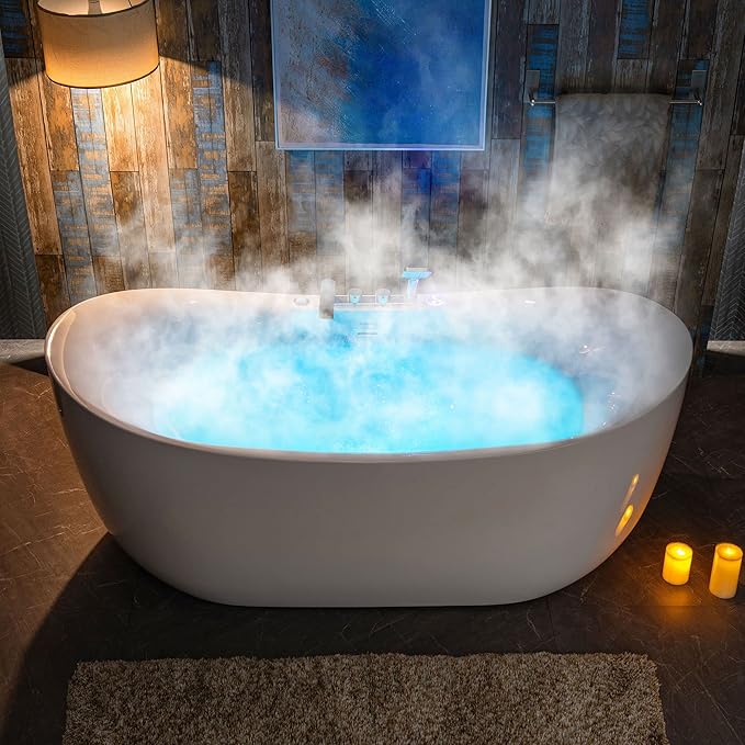 WOODBRIDGE 72" x 35-3/8" Whirlpool Water Jetted and Air Bubble Freestanding Heated Soaking Combination Bathtub wirh LED control panel and Faucet, BJ400+F0041CH