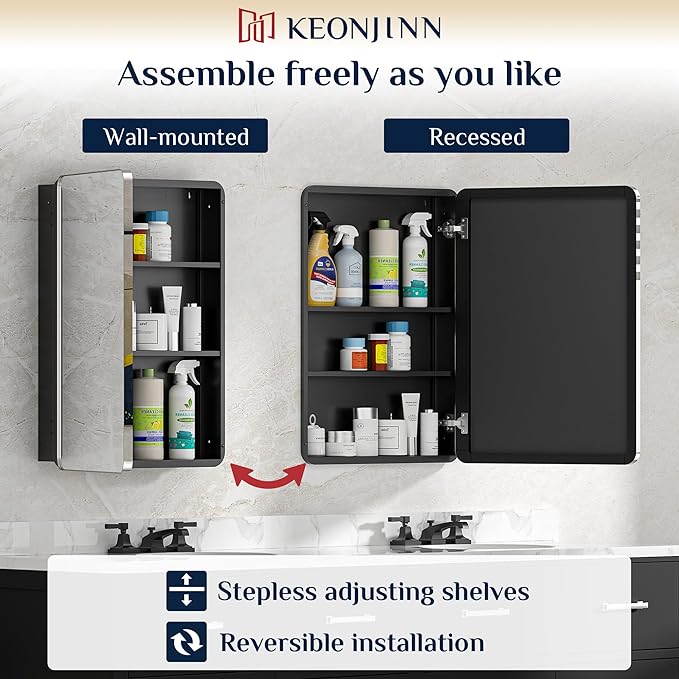 Keonjinn 20 x 32 Inch Chrome Medicine Cabinets for Bathroom with Mirror Adjustable Shelves Stainless Steel Framed Rounded Rectangle Single Door Surface Wall Mounted Silver Bathroom Storage Cabinet