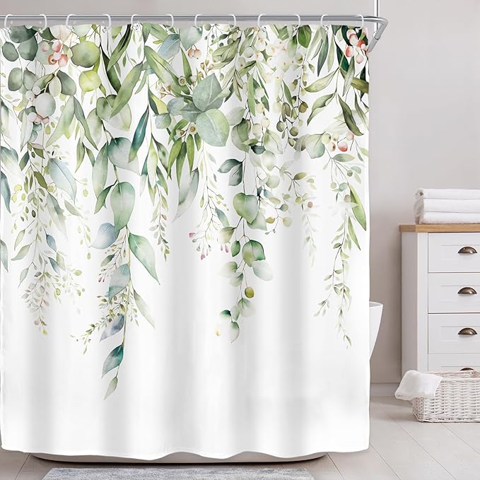 Riyidecor Sage Green Eucalyptus Leaves Shower Curtain for Bathroom Decor 60Wx72H Leaf Plants Botanical Spring Natural Floral Watercolor Art Printed Fabric Polyester Waterproof 12 Pack Plastic