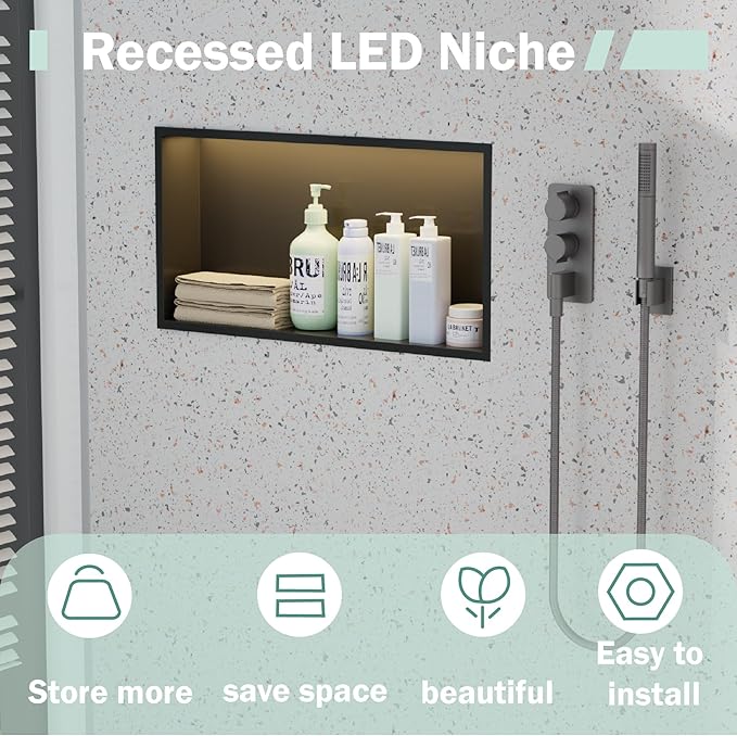 Shower Niche No Tile Needed with Waterproof LED Light Strip for Bathroom Storage， Bathroom for Shower Wall Lighted Niches，Stainless Steel Waterproof Shelf，Matte Black （ 24 x 12 in）