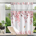 No Hook Shower Curtain and Liner Set, Pink Eucalyptus Floral Shower Curtains for Bathroom, Bath Curtain Sets with Snap in Liner, Waterproof with See Through Top Window, 71x84 Inches