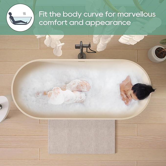 SJ STAR&JANE 69" Solid Surface Freestanding Bathtub,Milk Coffee Stone Resin Soaking Tub, Modern Stand Alone Tub for Bathroom, Integrated with Overflow & Pop-up Drain