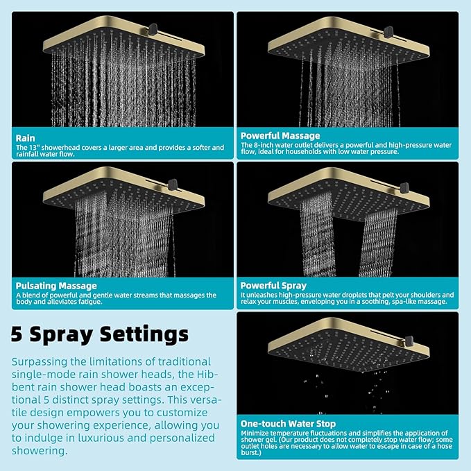 Hibbent 5 Spray Modes Shower Head, 13'' High Pressure Rain Shower Head, Large Rainfall Showerhead for Bathroom, High Flow Waterfall Fixed Showerheads with Adjustable Swivel Ball Joint, Brushed Gold