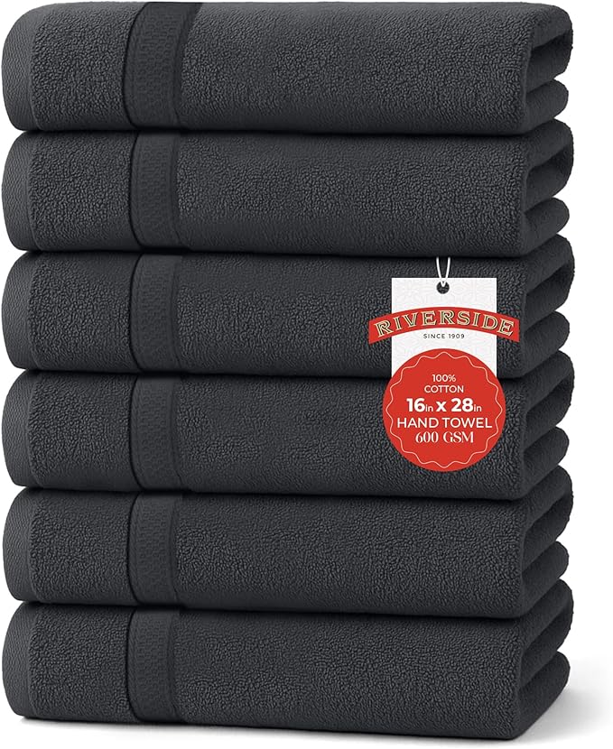 RIVERSIDE 6 Pack Premium Hand Towels Set, 16x28 inches, 100% Ring Spun Cotton, 600 GSM, Soft, Quick Dry and Highly Absorbent, Towels for Bathroom, Kitchen, Gym, Spa - Charcoal