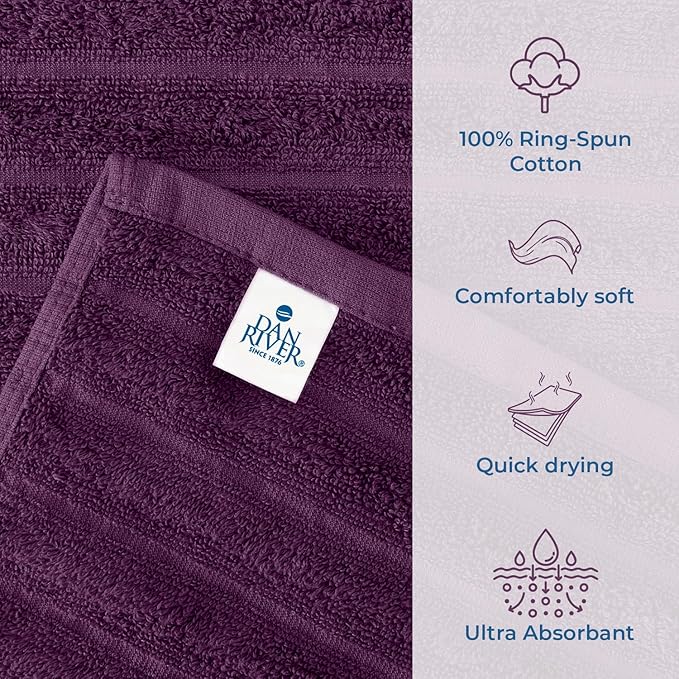 DAN RIVER Pack of 2 Bath Sheet 35x70 Inches, Oversized Ribbed Quick Dry Towel, Soft Luxury Towels for Bathroom - Purple Passion